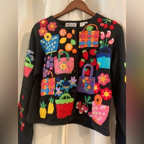 Michael Simon Sweater Cardigan Fruit Basket Purses Floral Felt Beaded Spring Med - Picture 1 of 4